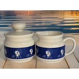 Morton Salt Vintage Cream and Sugar Set Collectible Umbrella Girl White Blue EUC